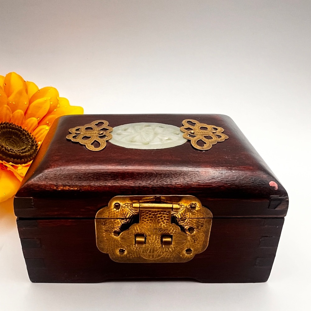 Vintage Chinese Rosewood Jewelry Box with Carved Jade Centerpiece & Brass Moths